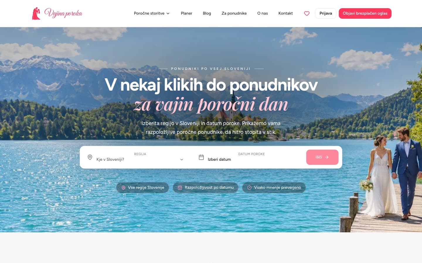 Naslovna stran Vajina poroka z iskalnikom ponudnikov po regiji in datumu poroke