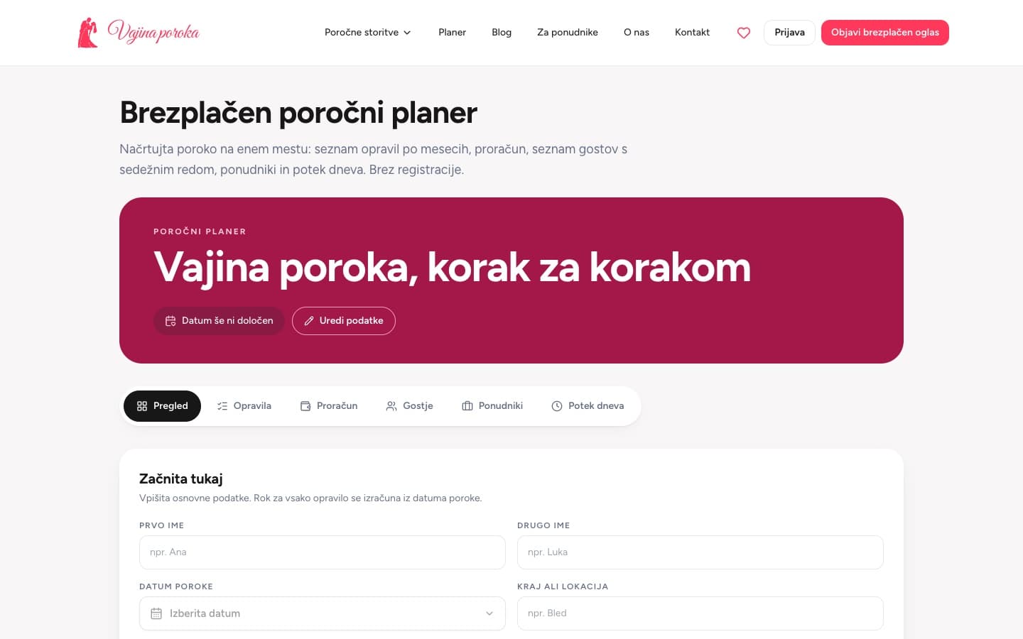 Brezplačen poročni planer z zavihki opravila, proračun, gostje, ponudniki in potek dneva