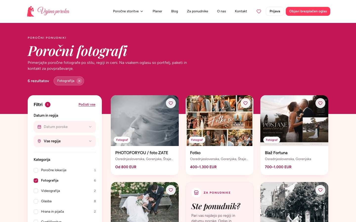 Rezultati iskanja poročnih fotografov s filtri po datumu, regiji in kategoriji